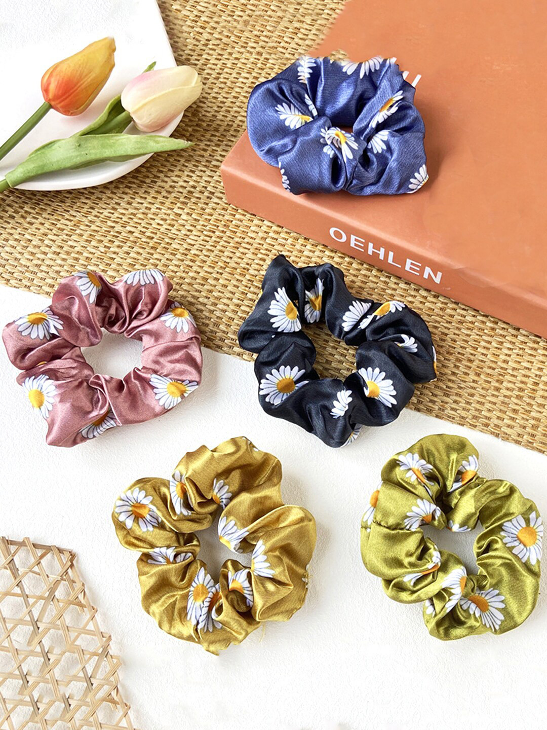 Yellow Chimes Women Set Of 5 Multicoloured Printed Satin Scrunchies