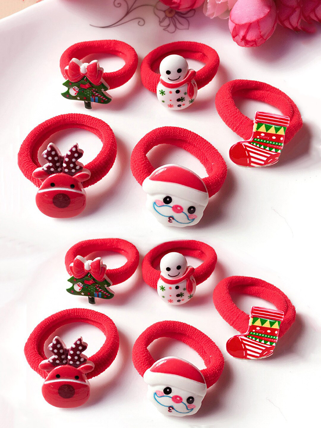 Yellow Chimes Girls Red & White Pack Of 10 Christmas Themed Ponytail Holders