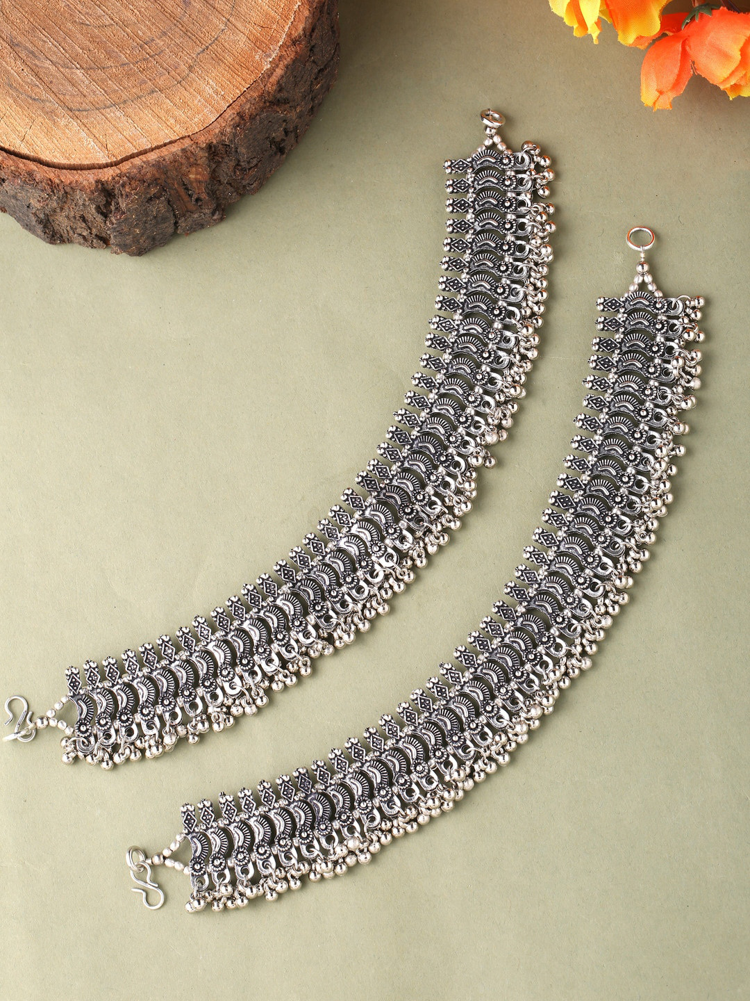 VIRAASI Set of 2 Silver-Toned Oxidised Ghungroo Anklets