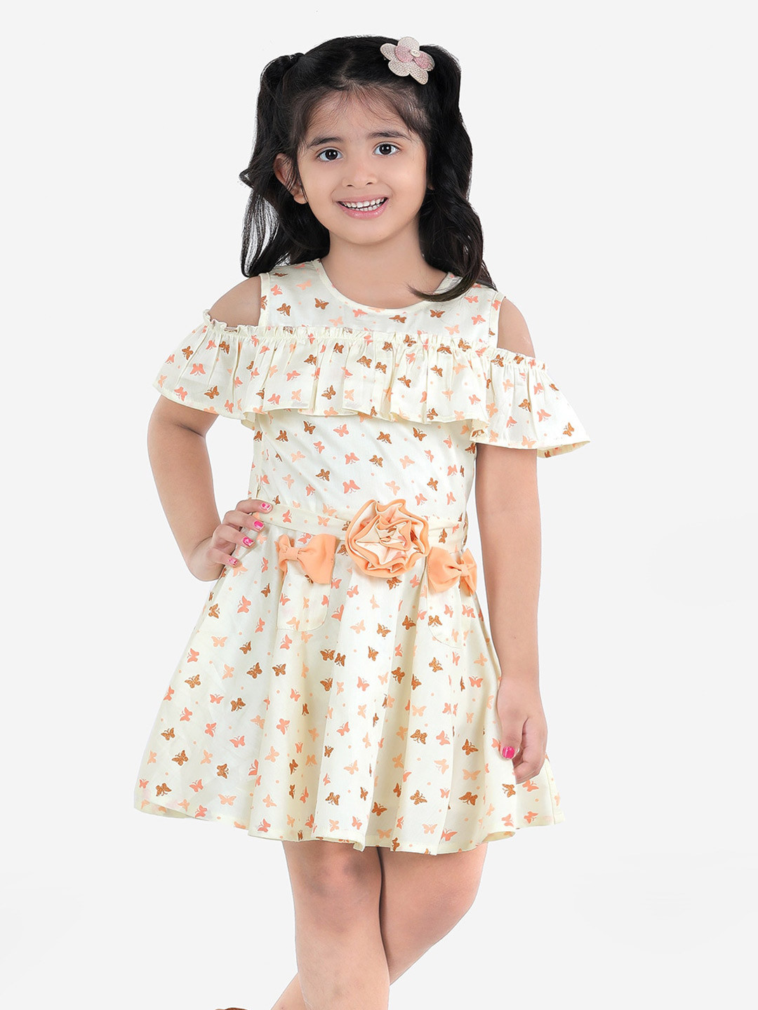 Naughty Ninos Girls Off White & Pink Printed Belted Pure Cotton Dress