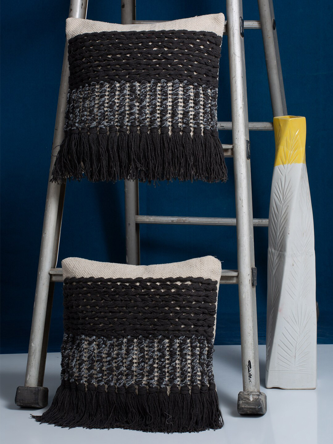 HOSTA HOMES Black Set of 2 Striped Hand Crafted Square Cushion Covers