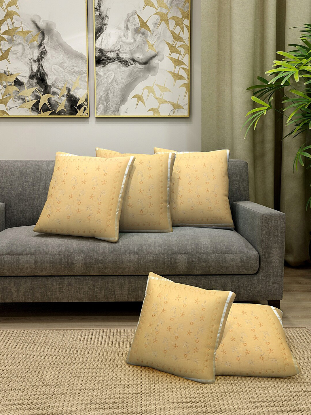 HOSTA HOMES Beige Cotton Lightweight 5 Piece Embroidered Square Cushion Covers -16x16In