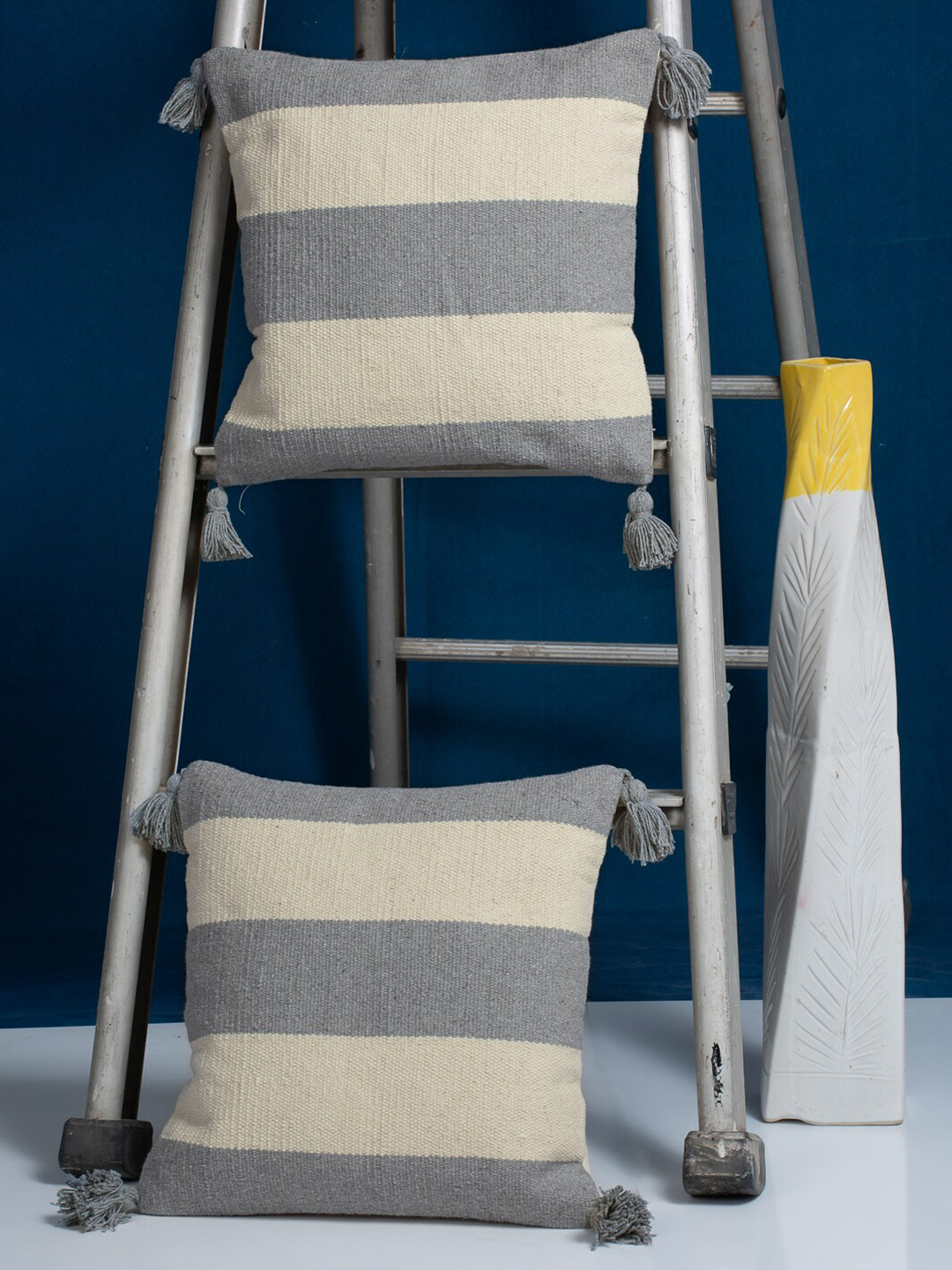 HOSTA HOMES Set Of 2 Grey & Beige Striped Square Cushion Covers