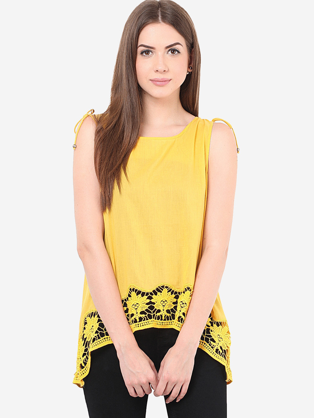Porsorte Yellow Floral Print Crochet High-Low Top