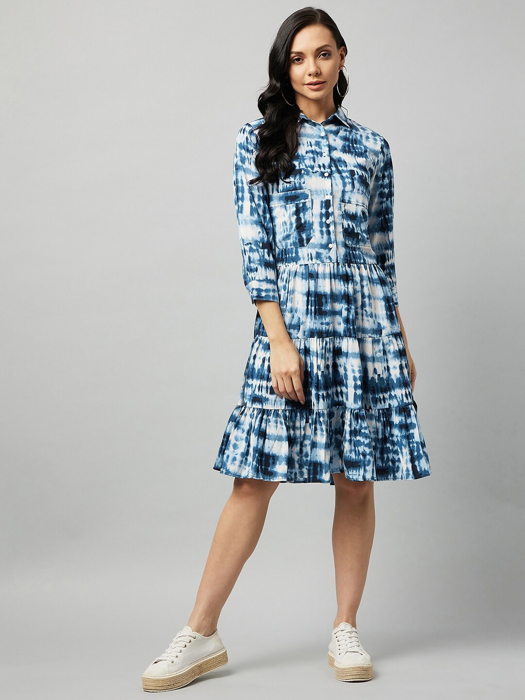 RARE Blue & White Tie and Dye Crepe A-Line Dress