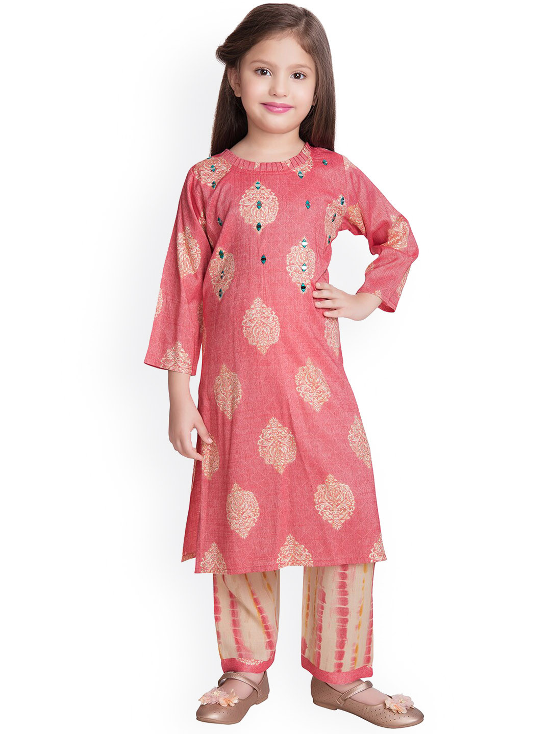 BETTY Girls Pink Ethnic Motifs Printed Kurti with Palazzos