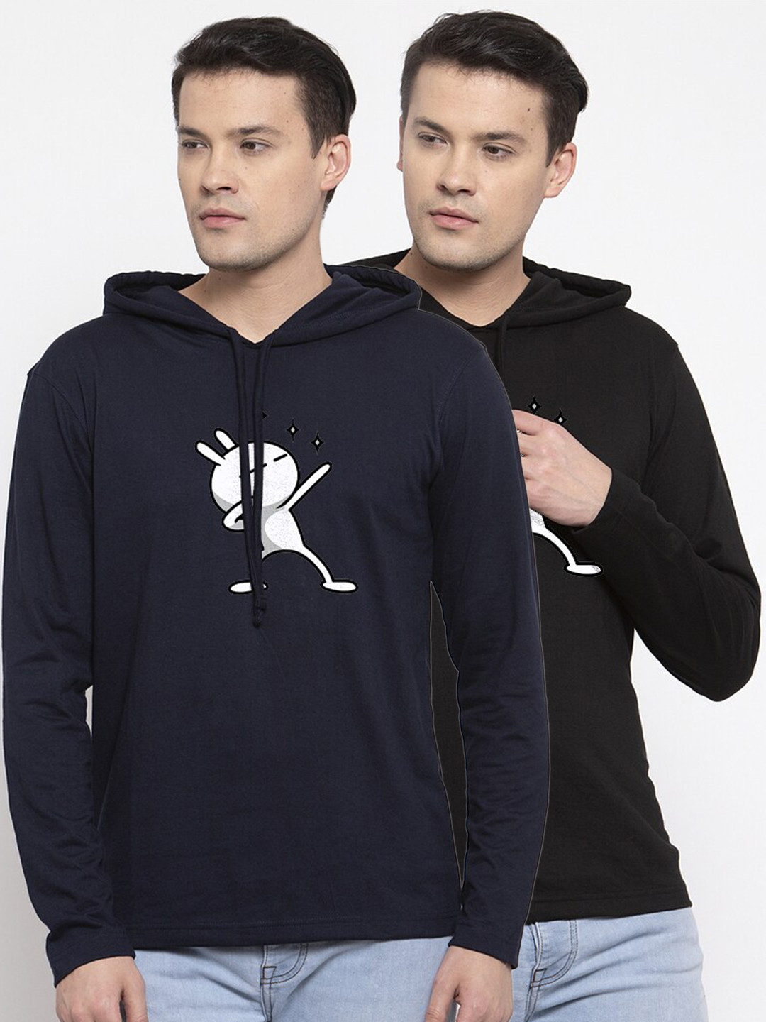 Friskers Men Set of 2 Black & Navy Blue Printed T-shirt