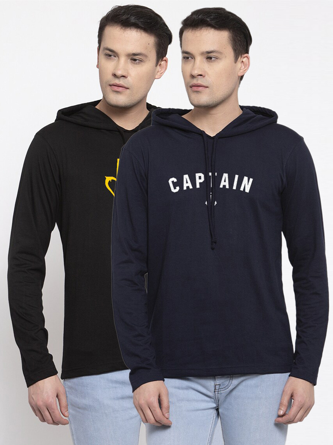 Friskers Men Set of 2 Black & Navy Blue Typography Printed T-shirt