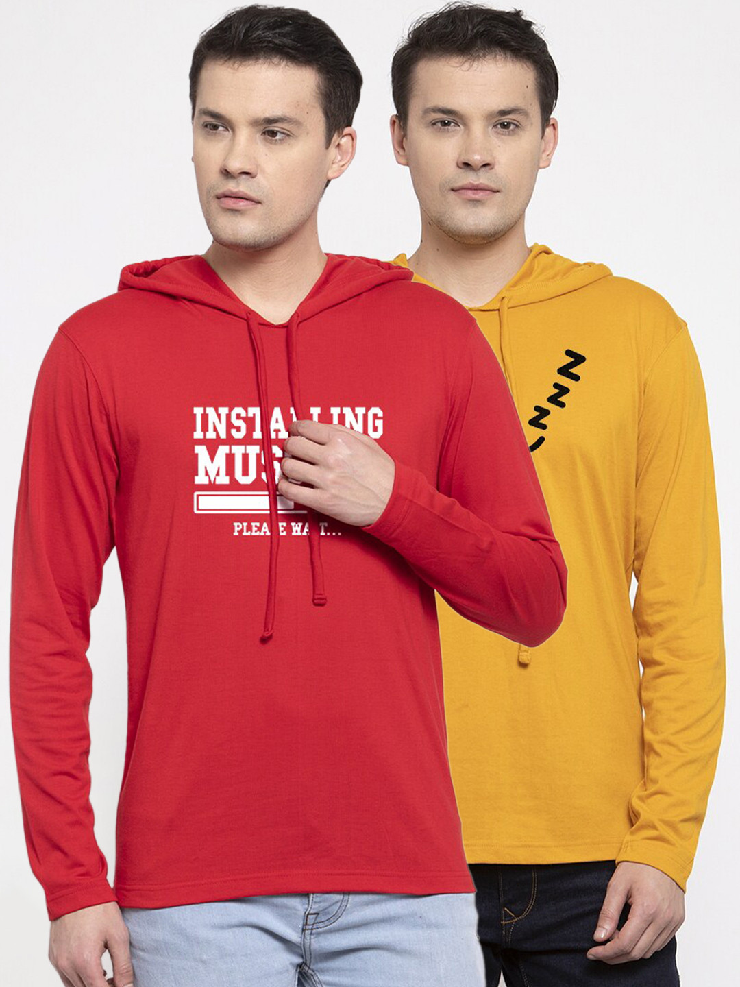 Friskers Men Set of 2 Mustard Yellow & Red Typography Printed T-shirt
