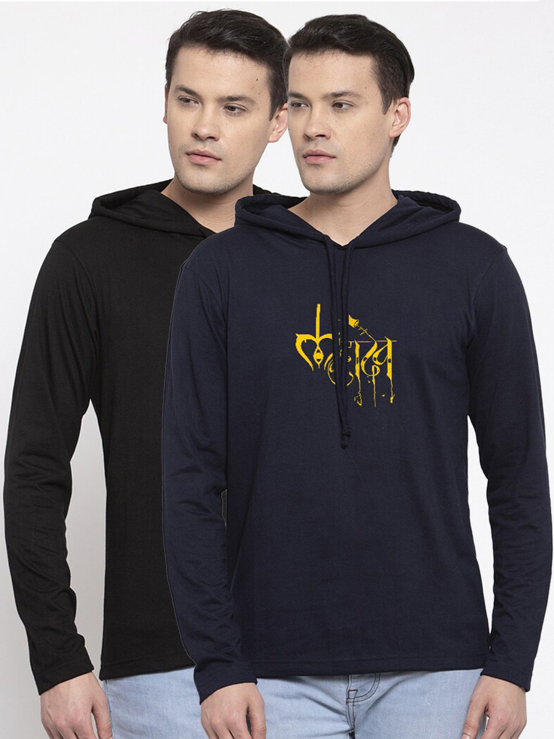 Friskers Men Black & Navy Blue Typography 2 Printed Cotton T-shirts