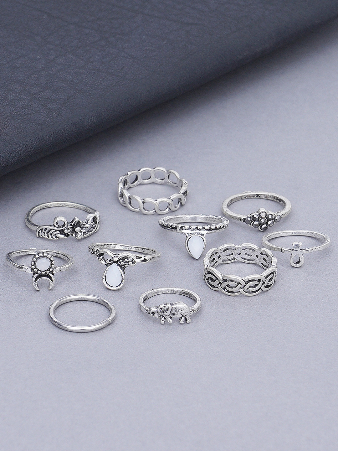 KARATCART Set Of 10 Oxidised Silver-Plated White Stone-Studded Finger Rings
