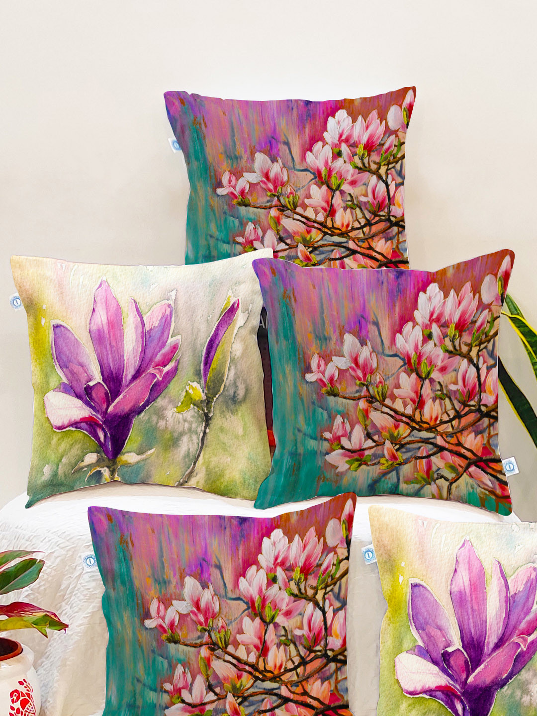 STITCHNEST Set of 5 Pink & Green Floral 18'' x 18'' Cushion Cover