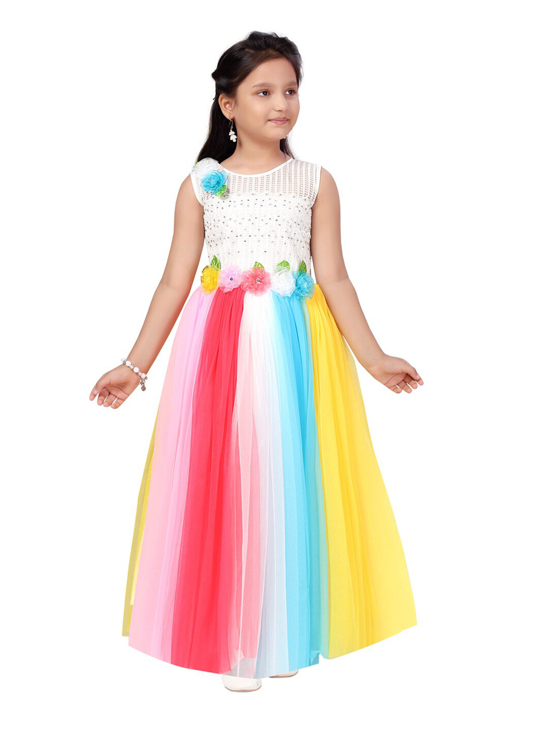 Aarika White & Blue Colourblocked Net Maxi Dress