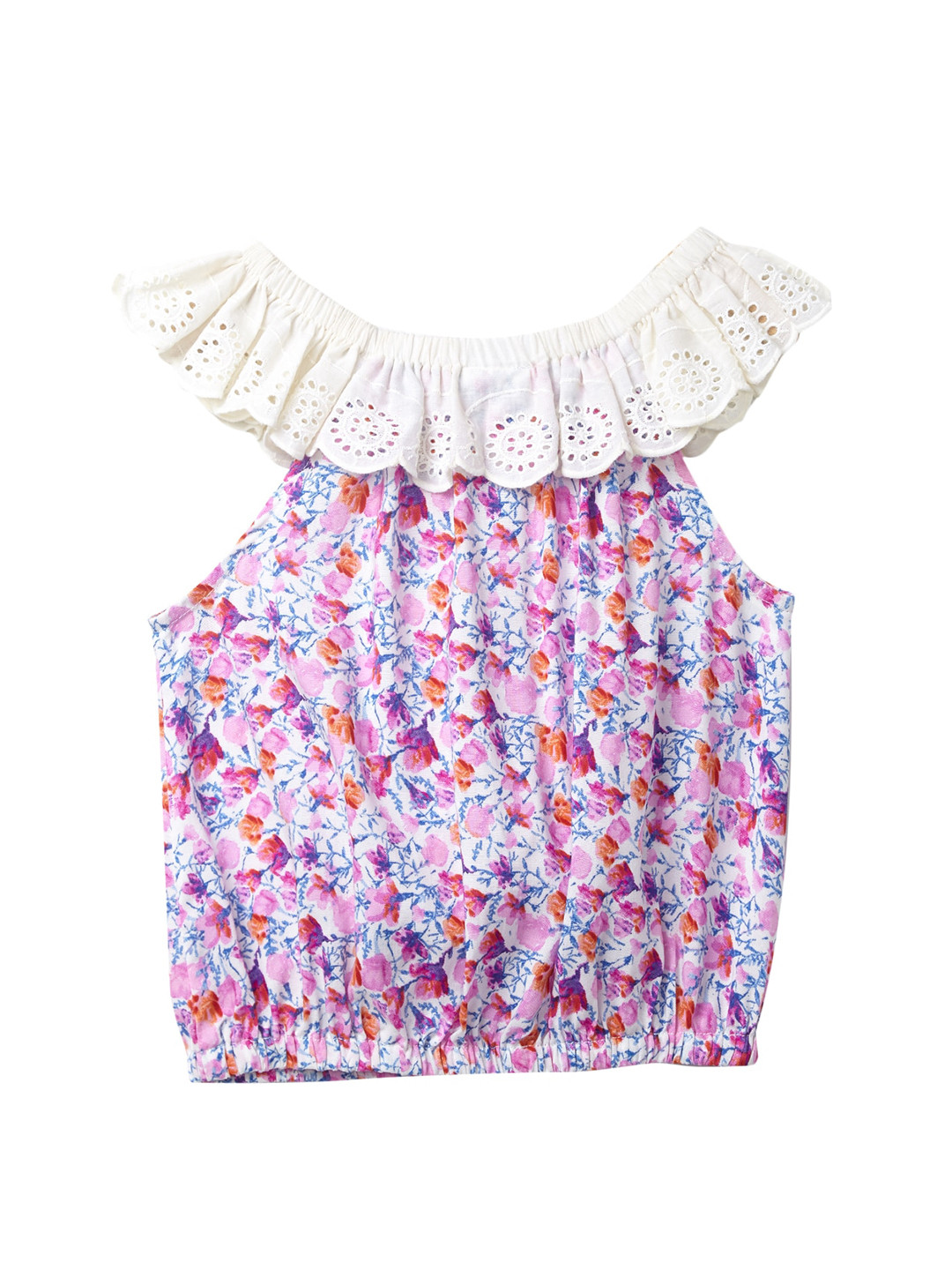 Cub McPaws White & Lavender Floral Print Halter Neck Blouson Top