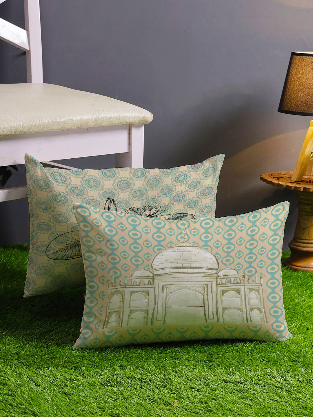 STITCHNEST Set of 2 Teal & Beige Ethnic Motifs 12'' x 18'' Cushion Cover