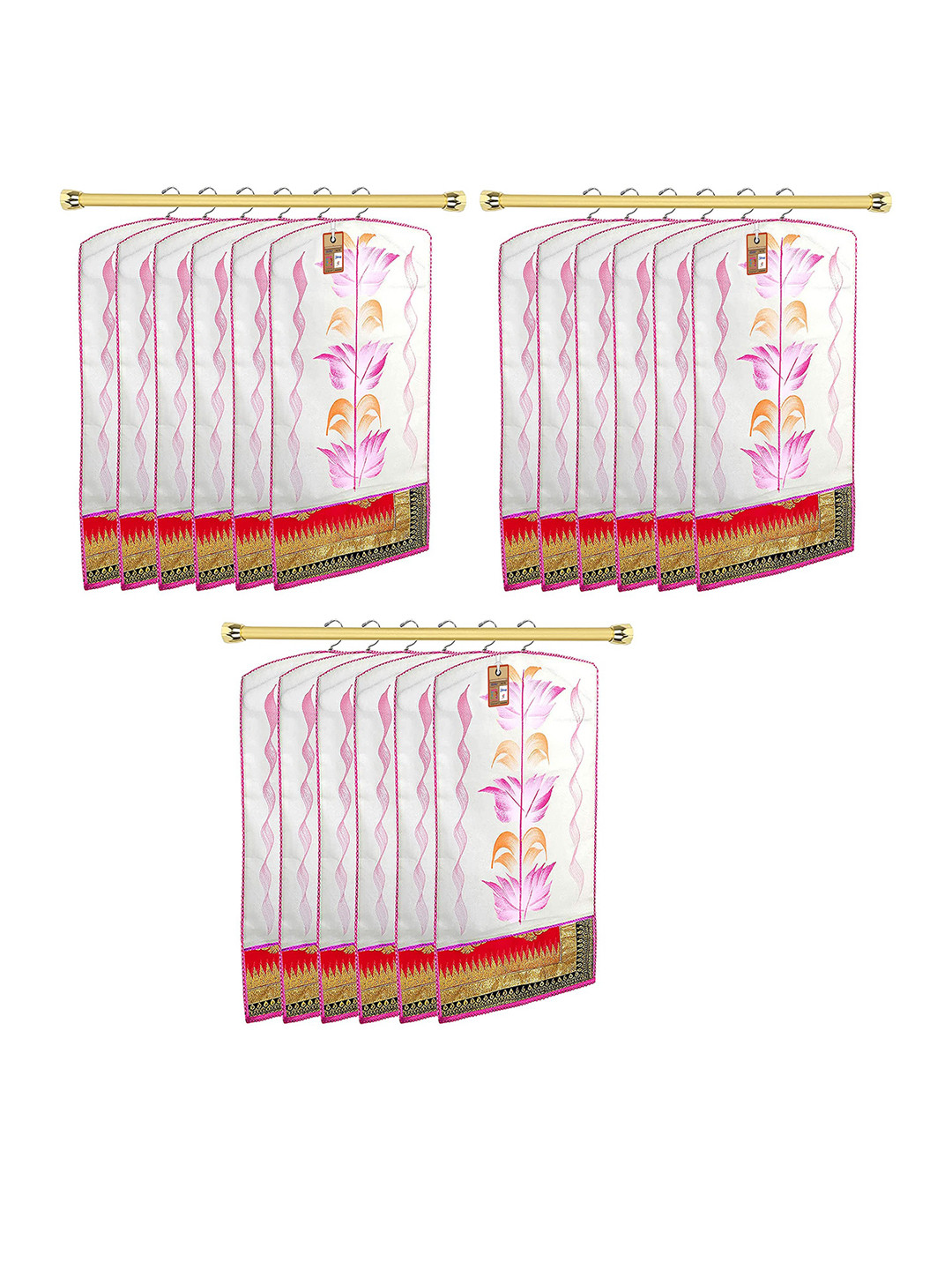 atorakushon Set Of 18 White & Pink Printed Non-Woven Saree Organisers