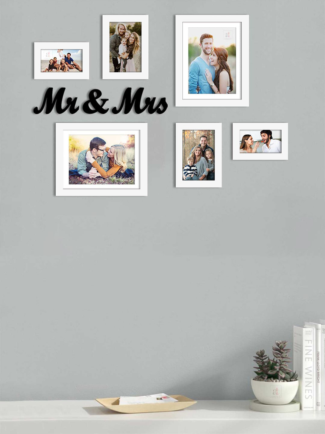 Art Street Set Of 6 White Solid Wall Photo Frame With MR & MRS MDF Cutout