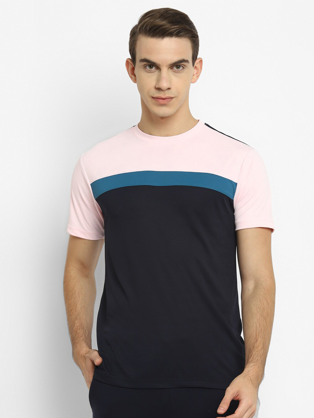 OFF LIMITS Men Navy Blue & Pink Colourblocked T-shirt