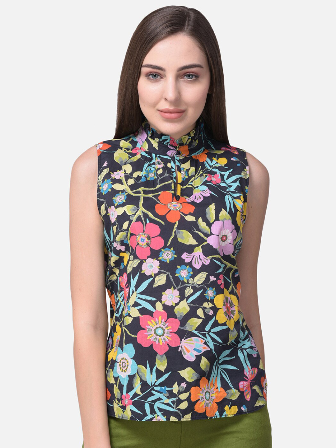 Woods Black Floral Print Top