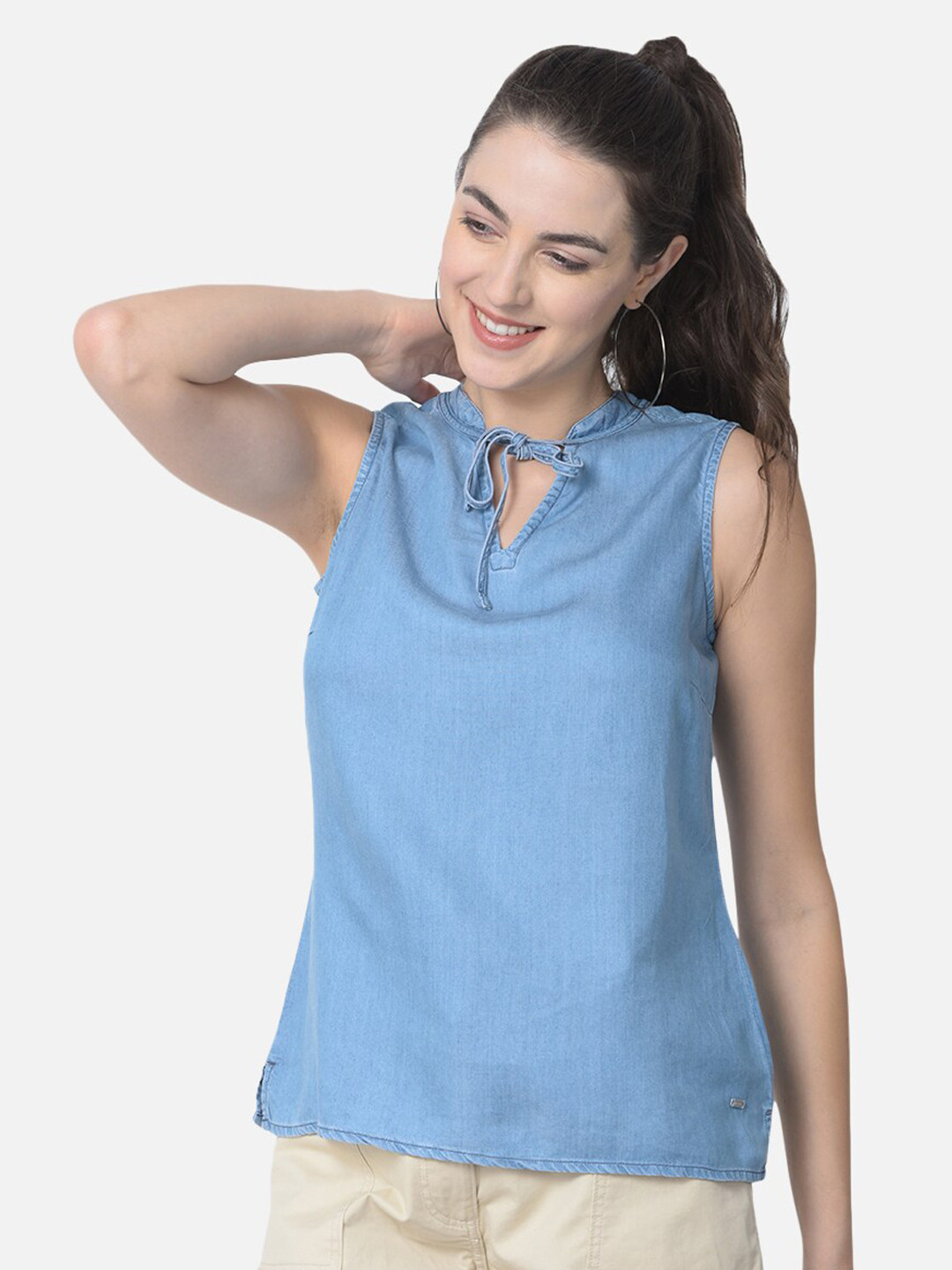 Woods Blue Tie-Up Neck Top
