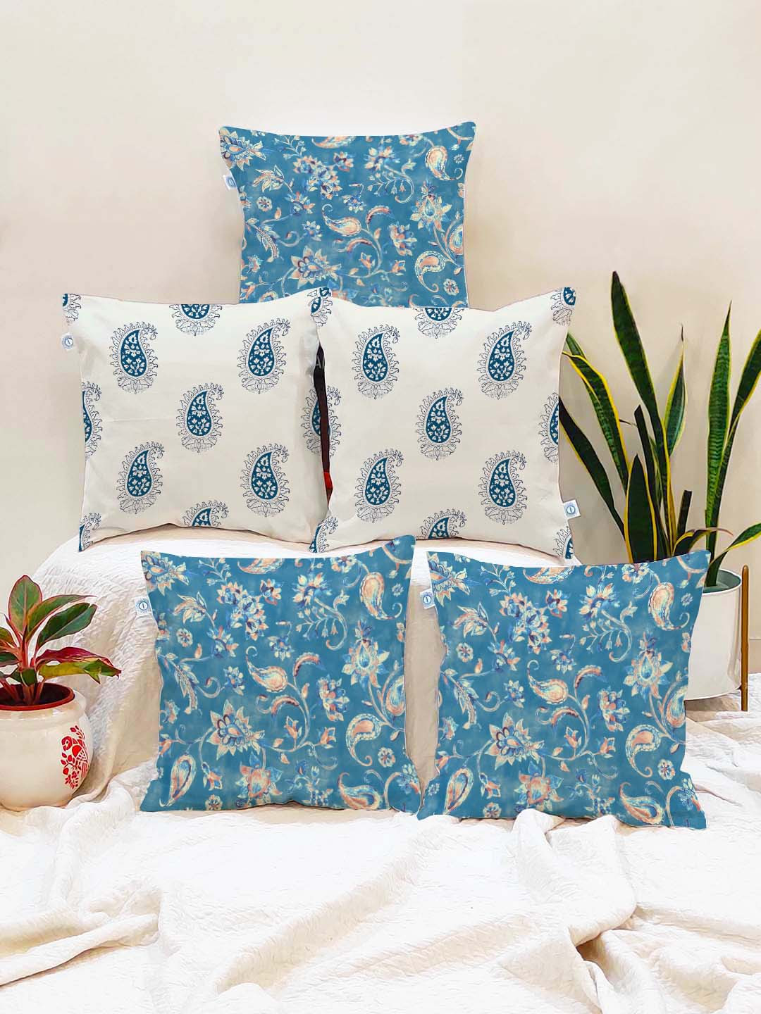STITCHNEST Blue Paisley Cotton Lightweight 5 Piece Square Cushion Covers -16x16In