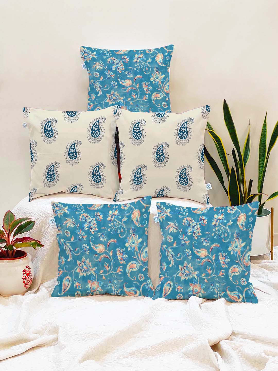 STITCHNEST Blue Ethnic Motifs Cotton Breathable 5 Piece Square Cushion Covers -24x24In