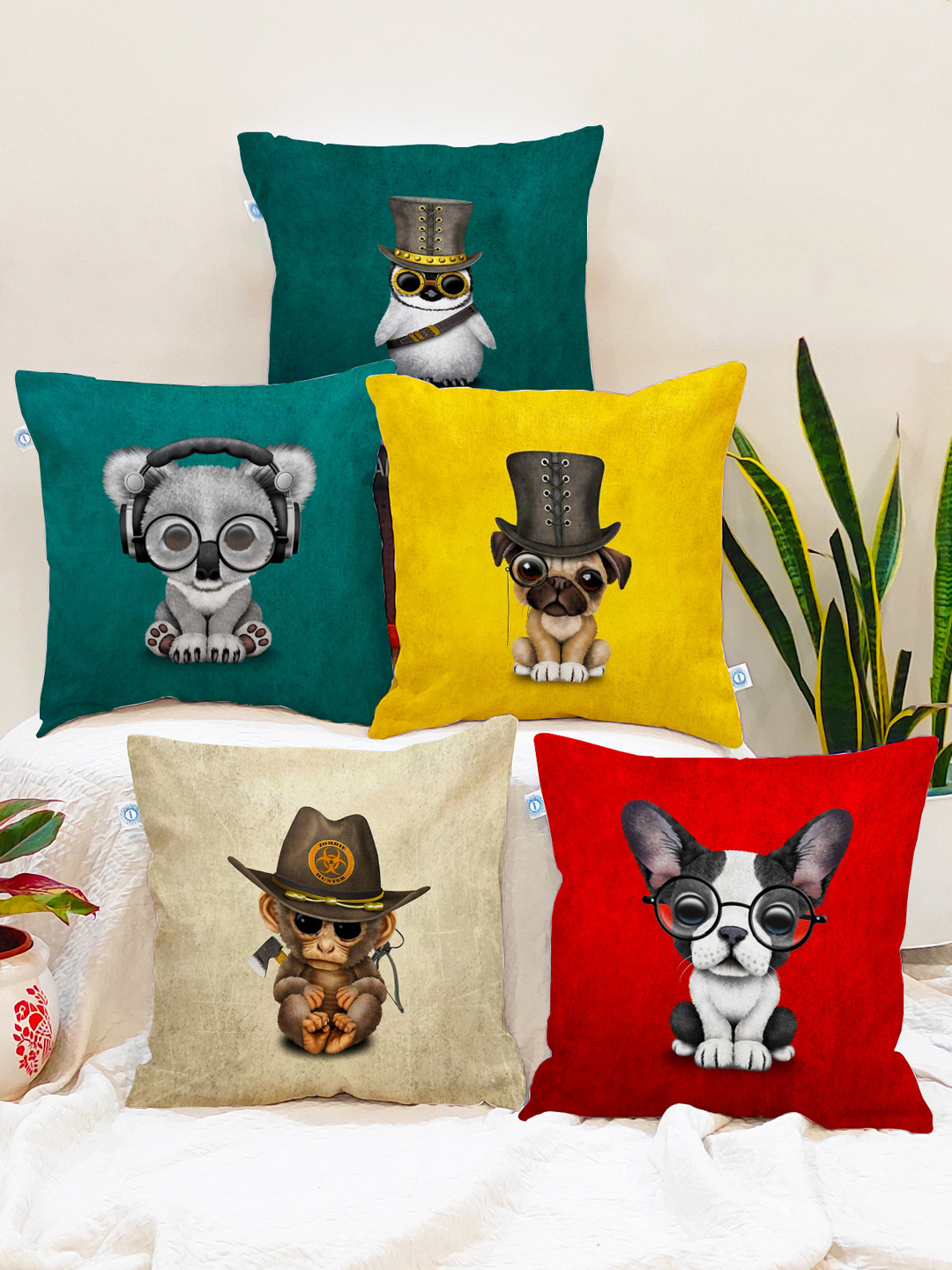 STITCHNEST Set of 5 Yellow & Red Cartoon Print 18'' x 18'' Cushion Cover