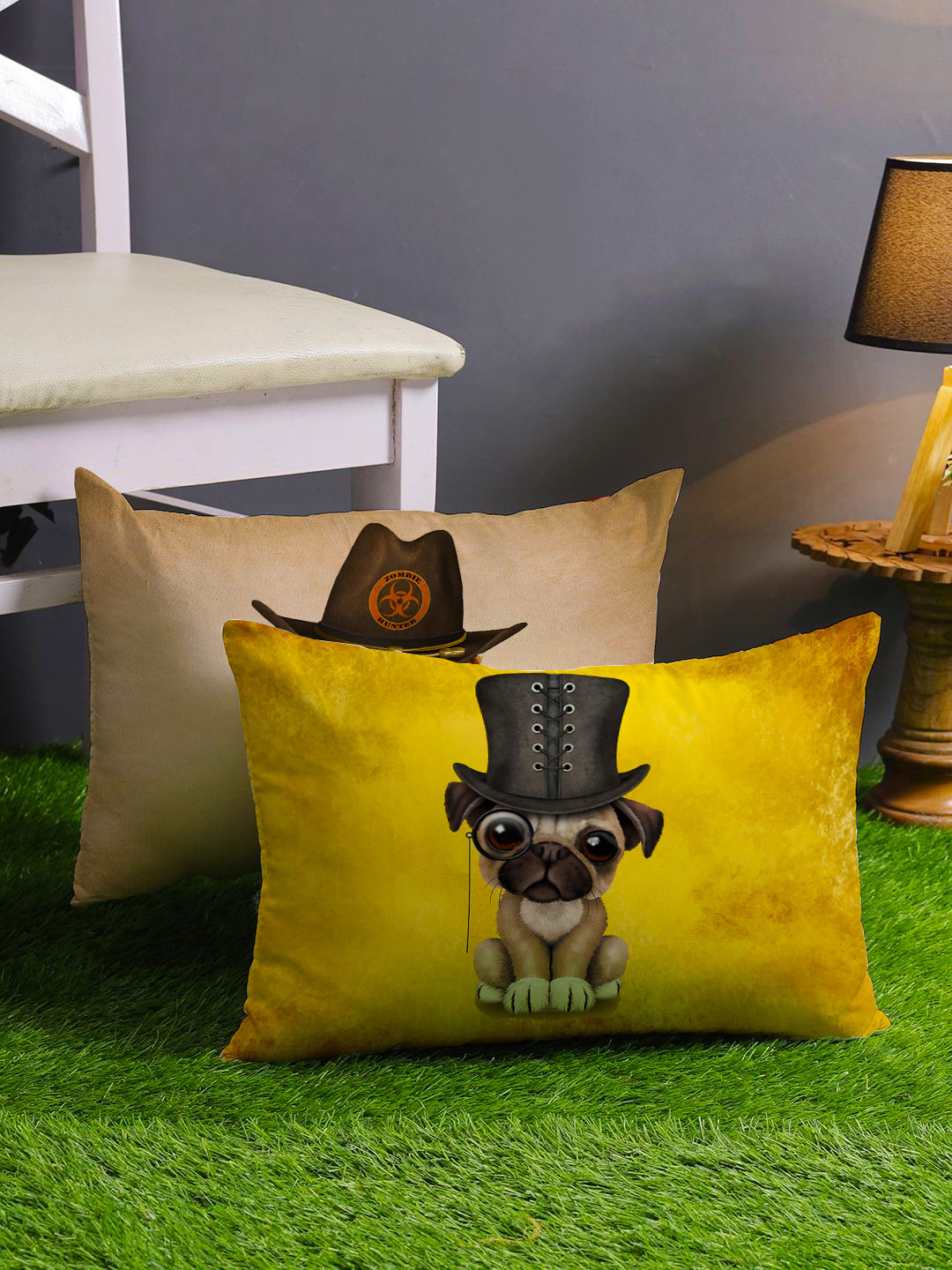 STITCHNEST Set of 2 Yellow & Brown Printed 12'' x 18'' Cushion Cover