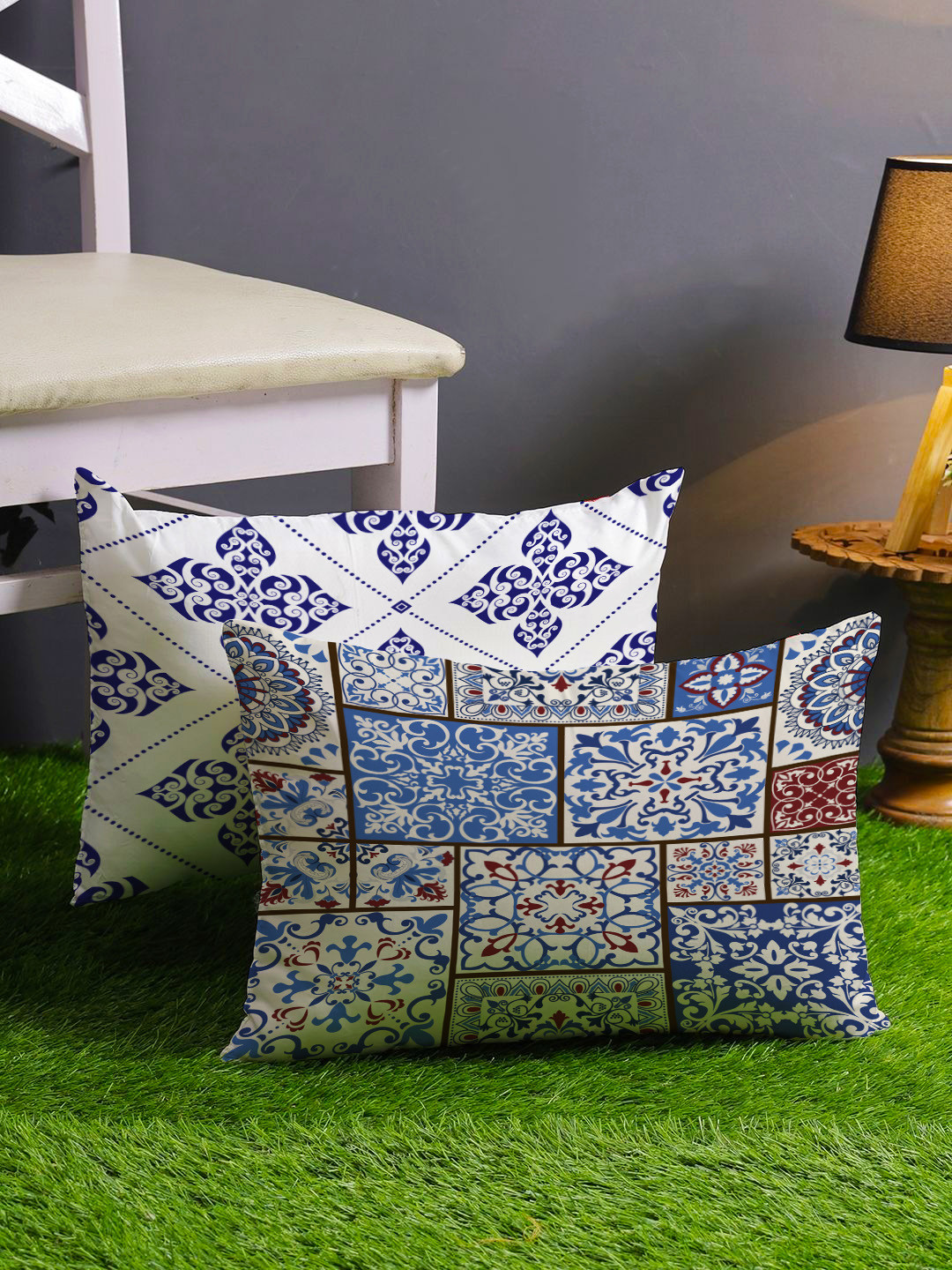 STITCHNEST Set of 2 Blue & White Floral 12'' x 18'' Cushion Cover