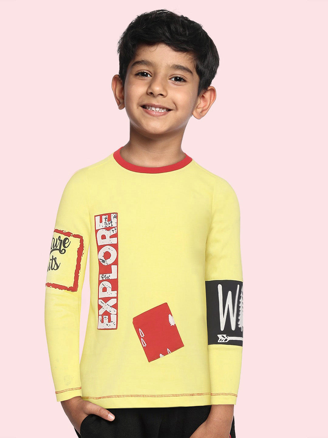 toothless Boys Yellow & Red Cotton Typography Print Applique T-shirt