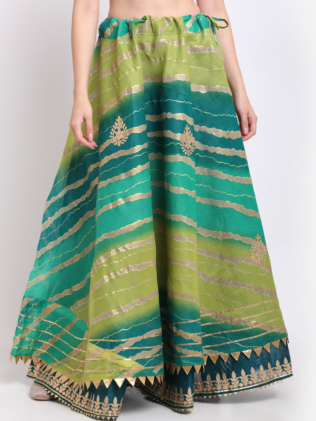 SOUNDARYA Women Green & Gold-Coloured Striped Flared Gota Patti Work