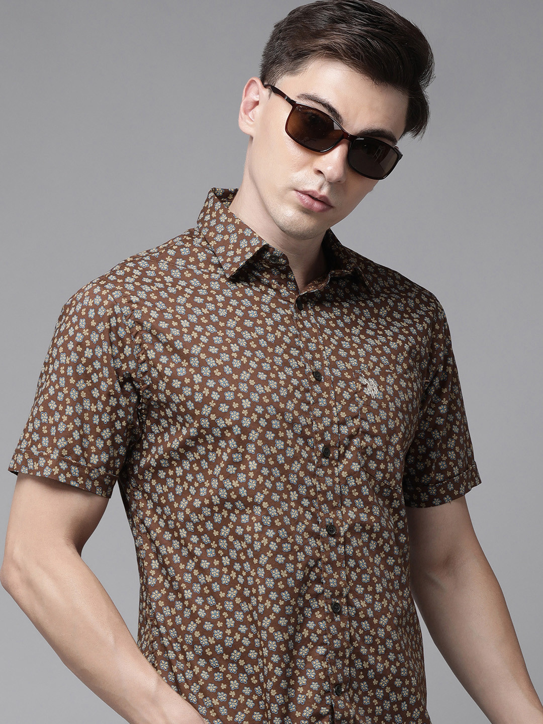 U S Polo Assn Men Brown Tailored Fit Floral Printed Casual Shirt
