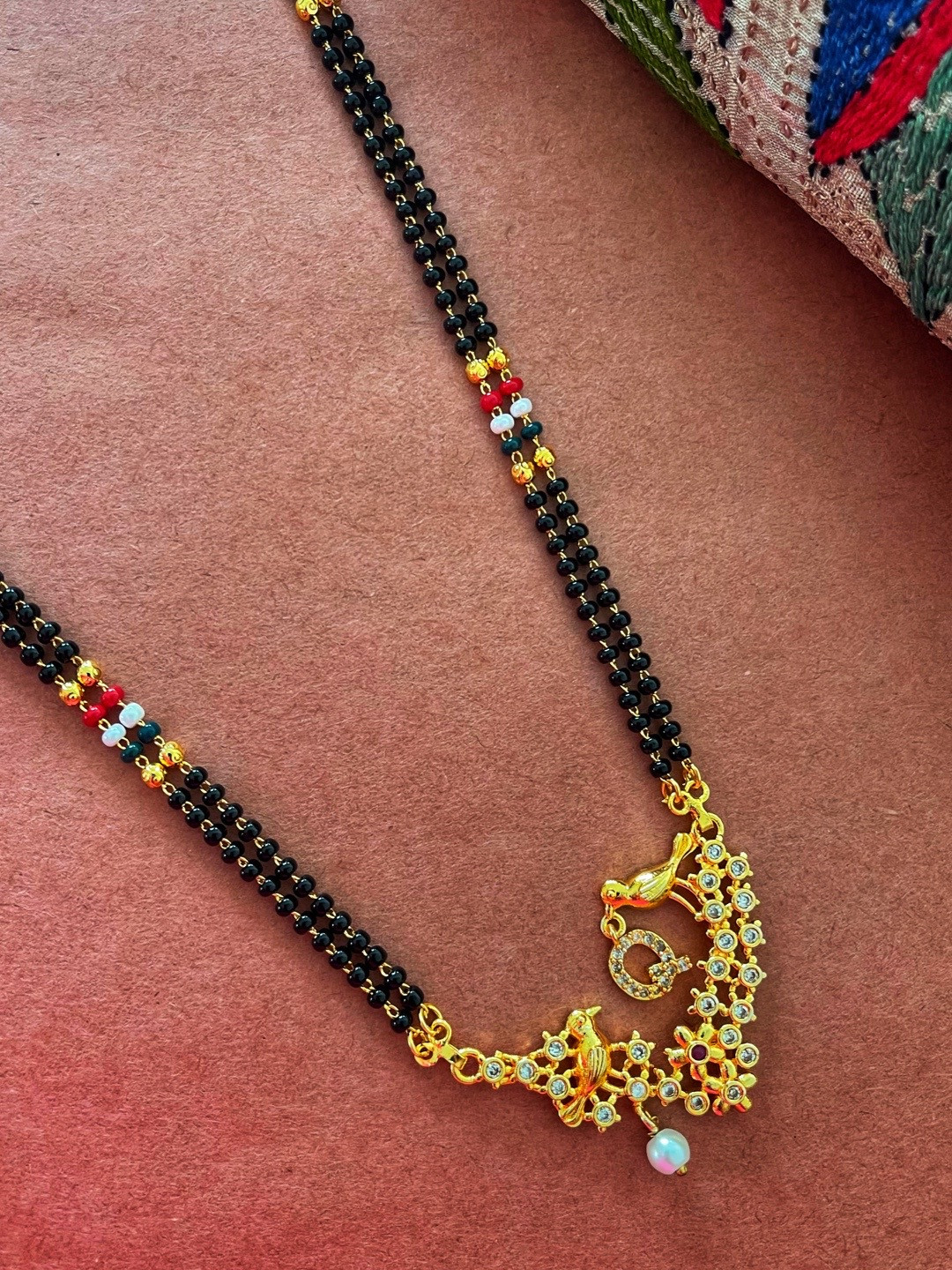 Digital Dress Room Gold-Plated Black & White Beaded & Stone-Studded Q-Alphabet Mangalsutra