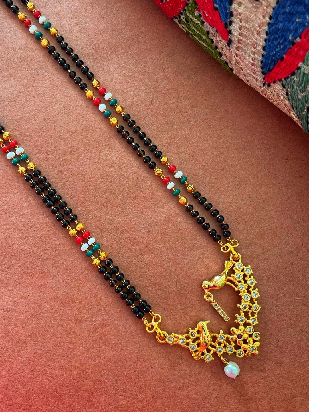 Digital Dress Room Gold-Plated Black & White Beaded & Stone-Studded I-Alphabet Mangalsutra