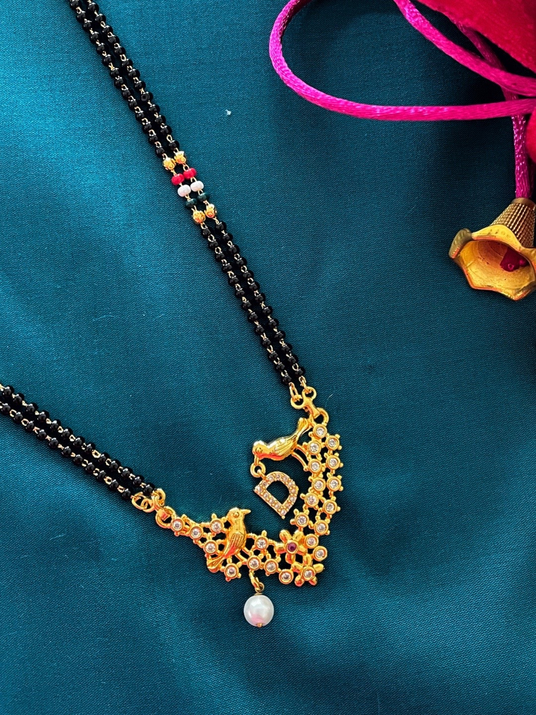 Digital Dress Room Gold-Plated Black & White Beaded & Stone-Studded D-Alphabet Mangalsutra