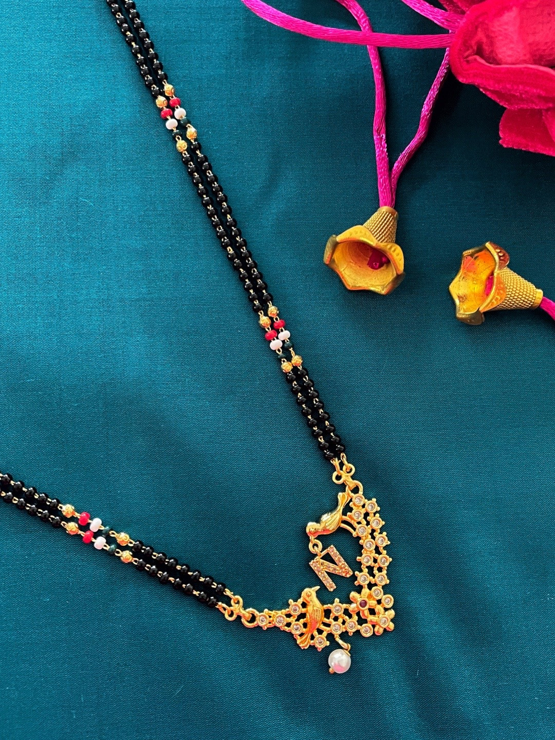 Digital Dress Room Gold-Plated Black & White Beaded & Stone-Studded N-Alphabet Mangalsutra