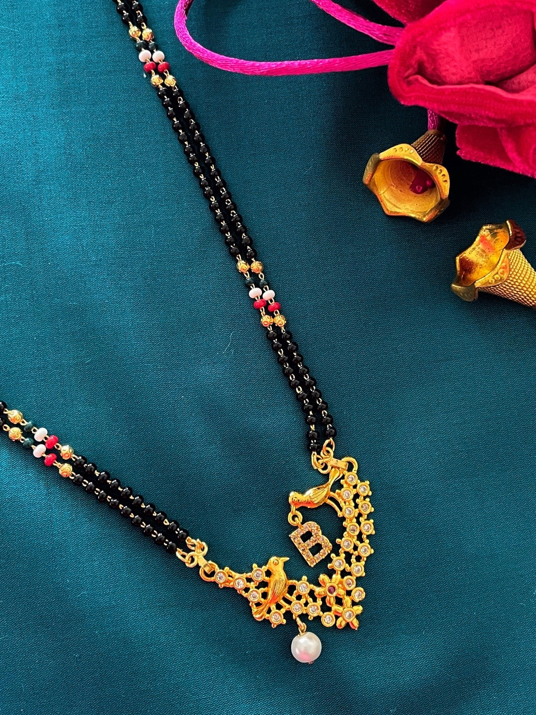 Digital Dress Room Gold-Plated Black & White Beaded & Stone-Studded B-Alphabet Mangalsutra