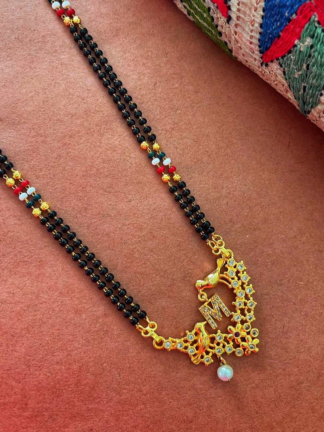 Digital Dress Room Gold-Plated Black & White Beaded & Stone-Studded M-Alphabet Mangalsutra