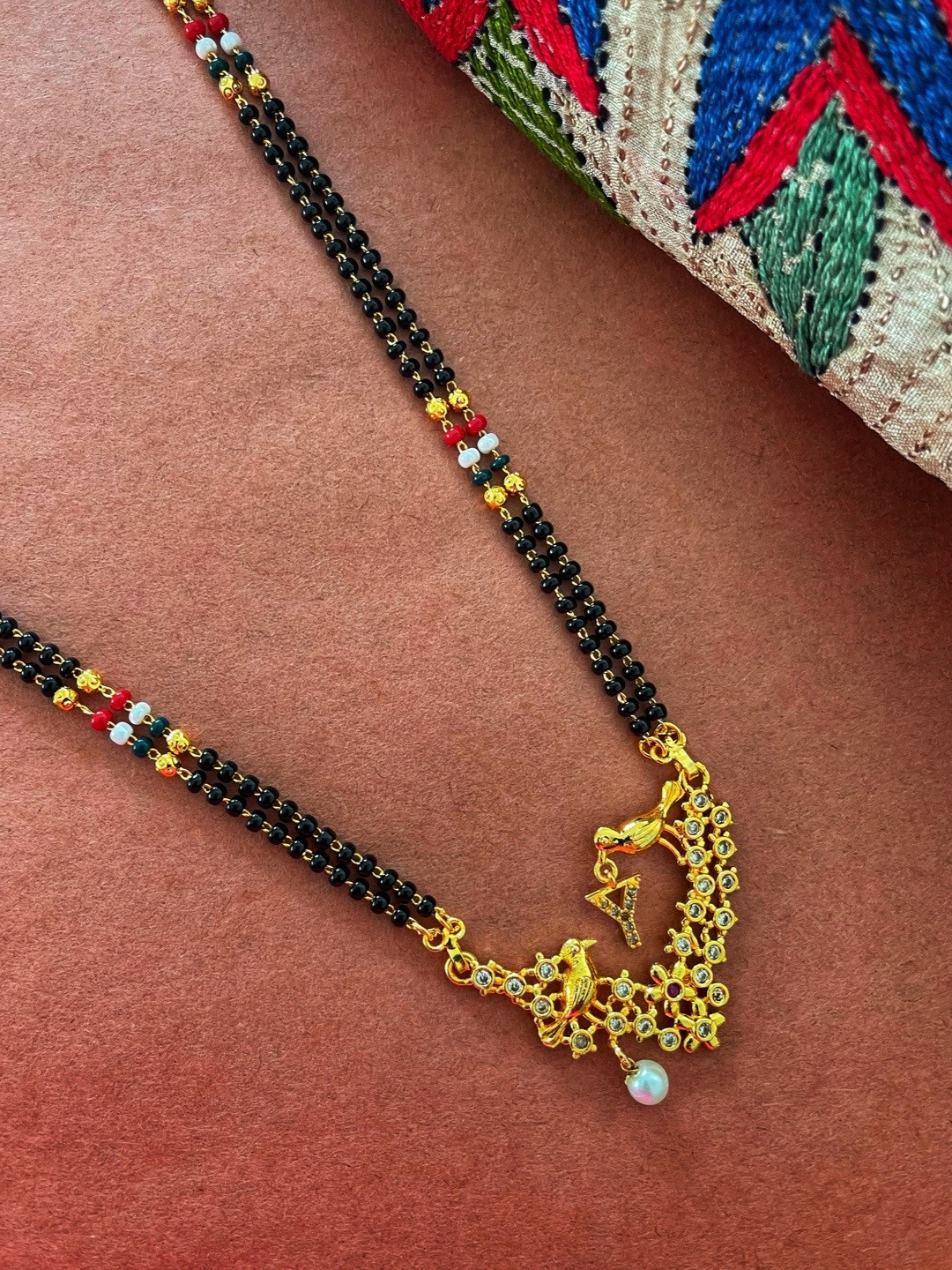 Digital Dress Room Gold-Plated Black & White Beaded & Stone-Studded Y-Alphabet Mangalsutra