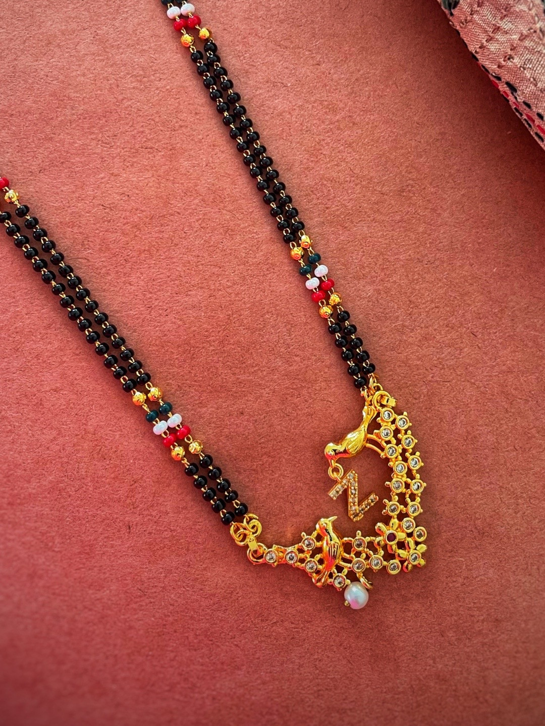 Digital Dress Room Gold-Plated & Black Beaded & Stone-Studded Z-Alphabet Mangalsutra