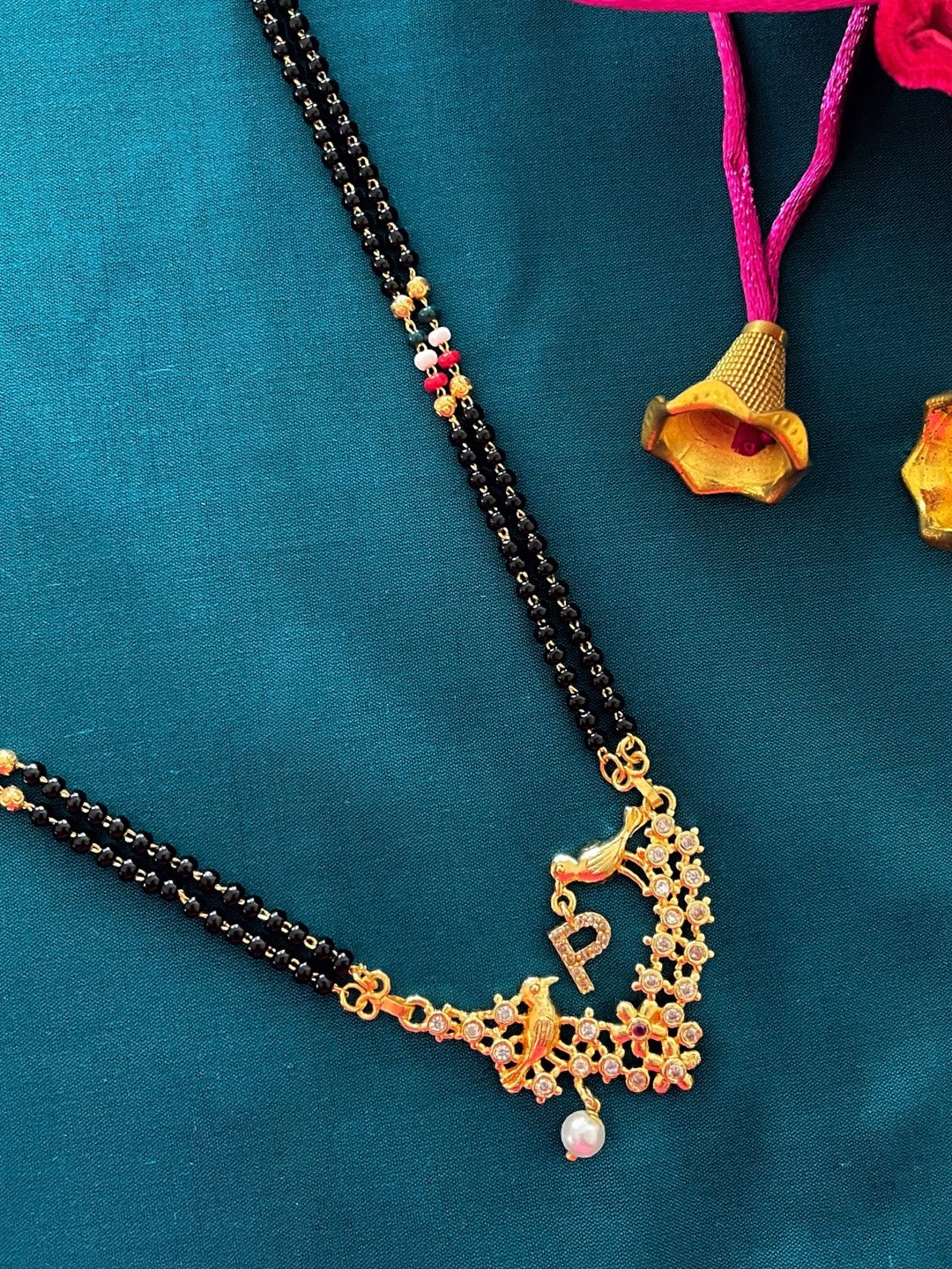 Digital Dress Room Gold-Plated Black & White Beaded & Stone-Studded P-Alphabet Mangalsutra