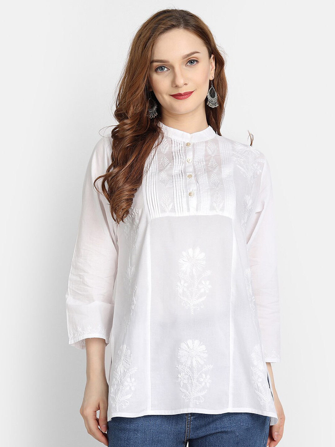 HOUSE OF KARI White Mandarin Collar Chickenkari Embroidered Tunic