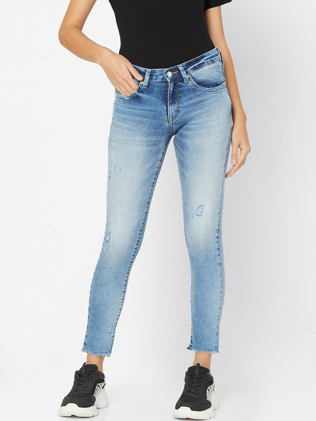SPYKAR Women Blue Skinny Fit Mildly Distressed Heavy Fade Lycra Jeans