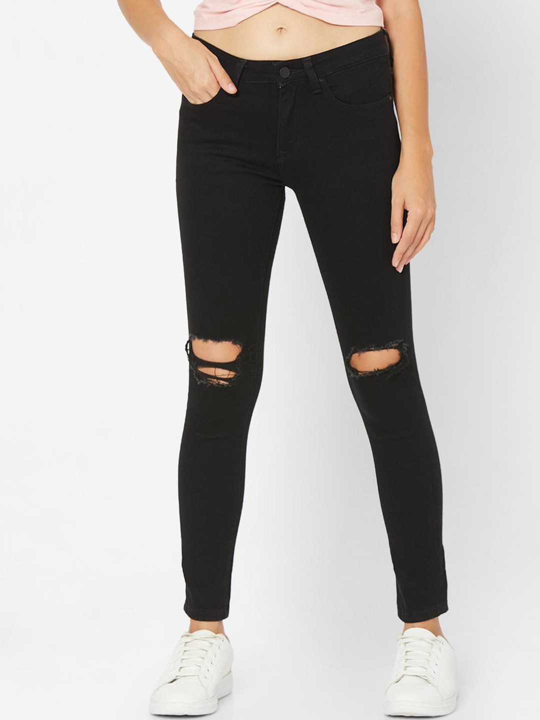 SPYKAR Women Black Skinny Fit Slash Knee Jeans