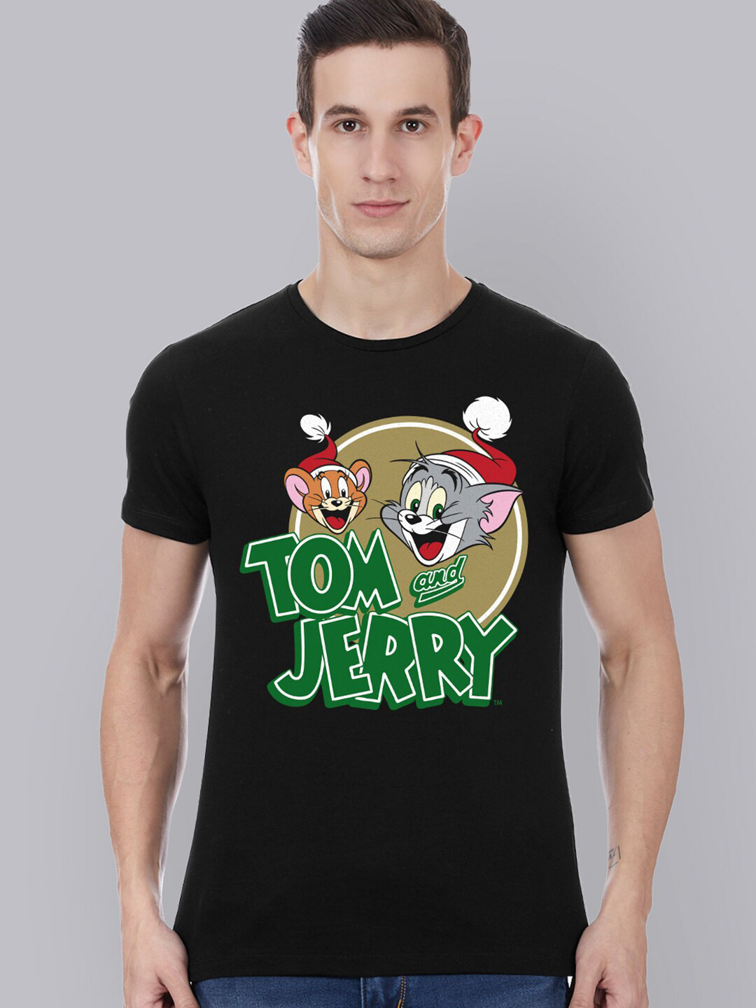 Free Authority Men Black Tom & Jerry Christmas Printed T-shirt