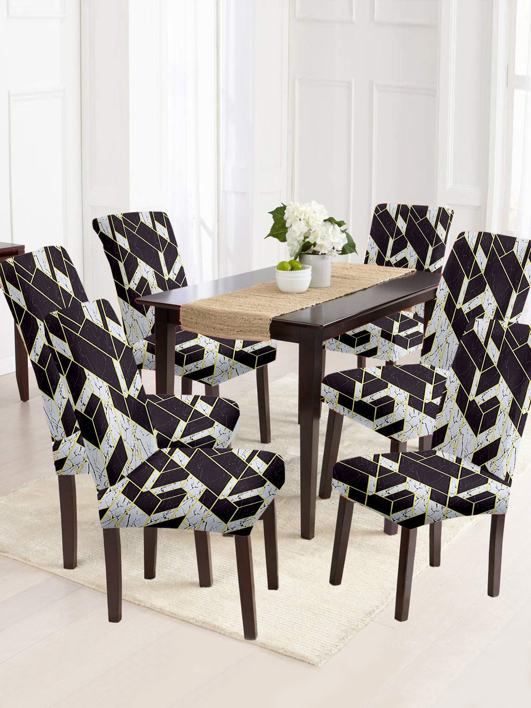 Aura Set Of 6 Black & White Printed Chair Covers