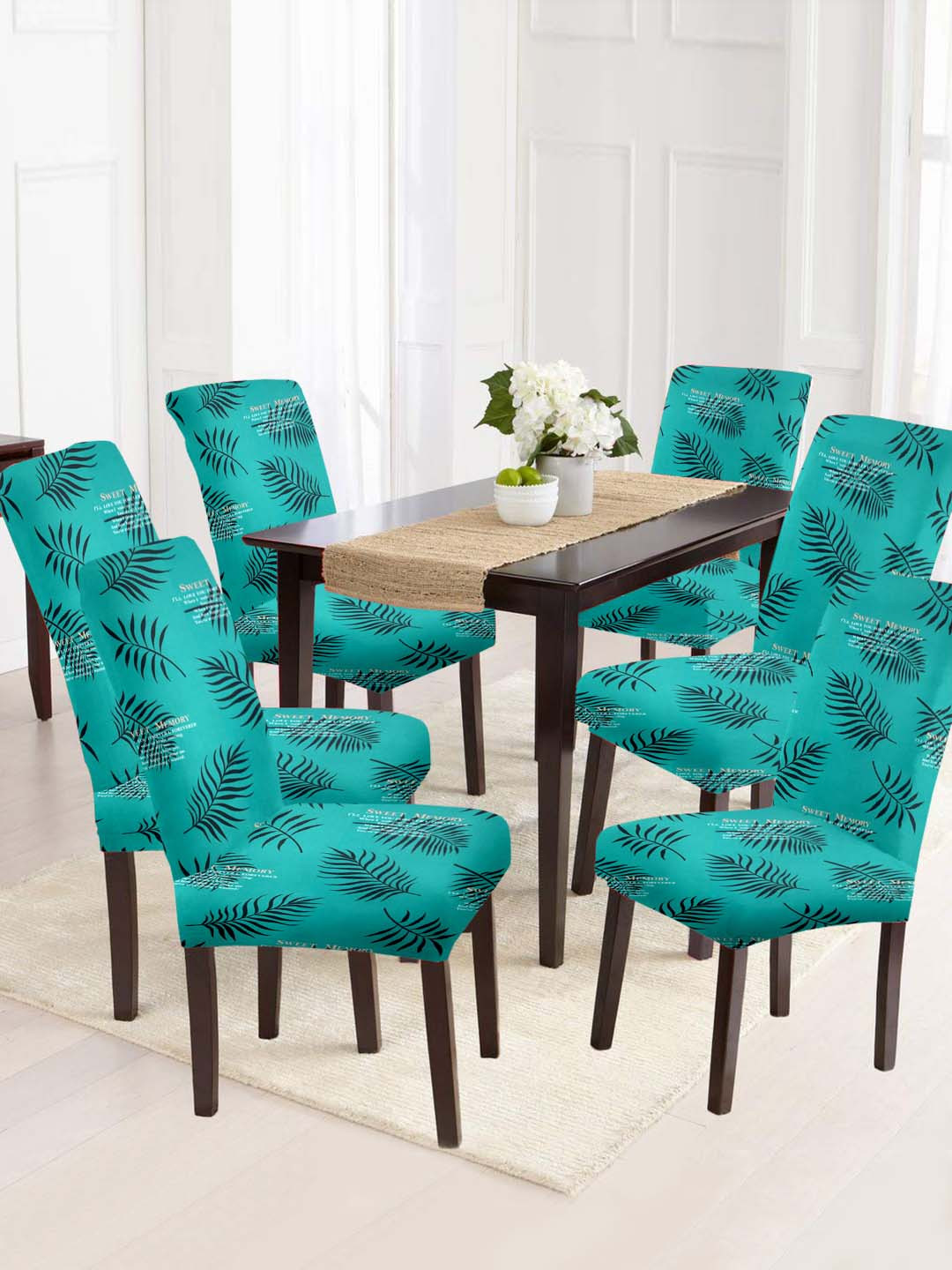 Aura Set of 6 Blue & Green Floral Printed Chair Covers