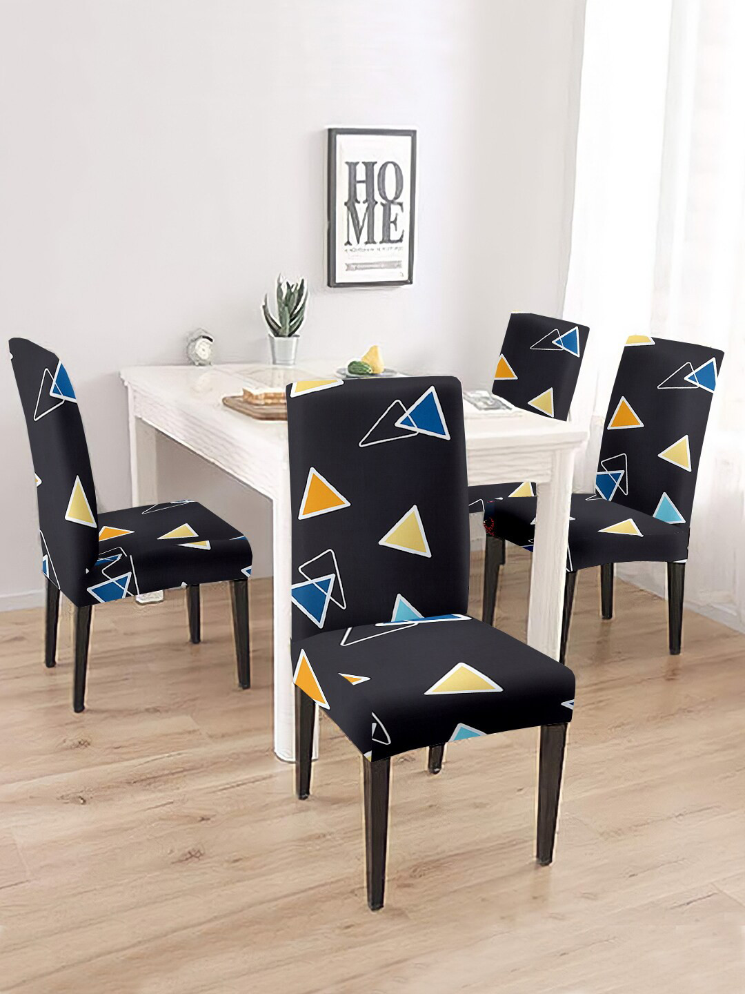 Aura Set Of 4 Black & Yellow Printed Chair Covers
