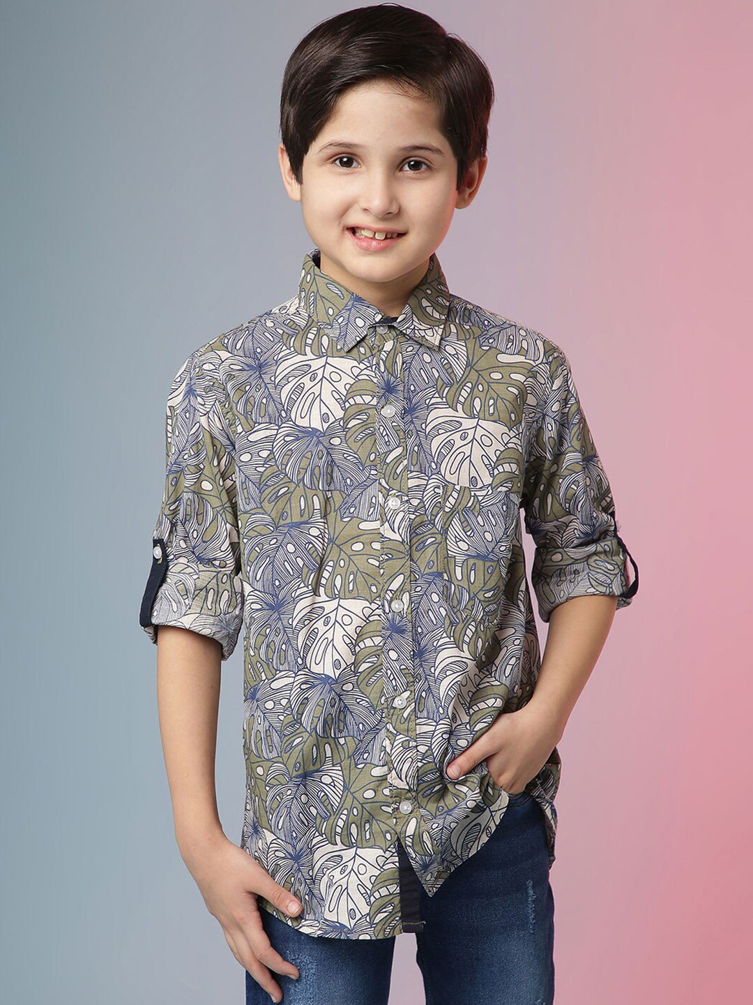 Instafab Boys Green Classic Floral Printed Casual Shirt