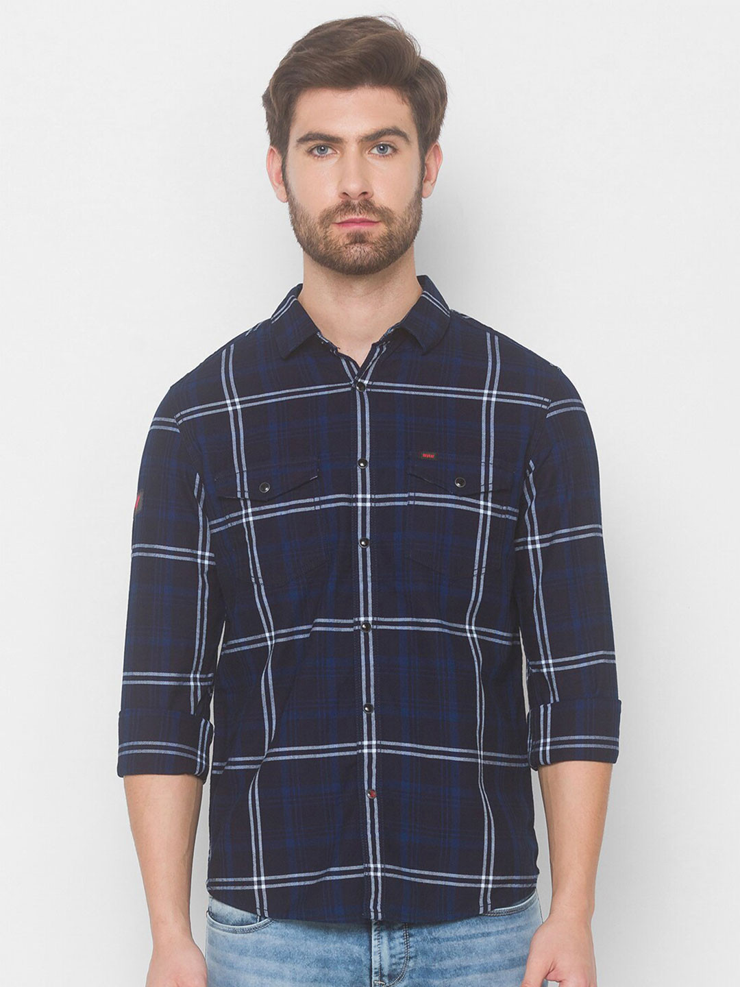 SPYKAR Men Blue Windowpane Checks Checked Casual Shirt